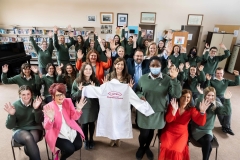 OSM PHOTO - 27/04/2022 - REPRO FREE - 
Pictured at the First Lady of New Jersey’s visit to Presentation Secondary School, Ballyphehane, Cork, part of the I Wish STEM Twinning Exchange Programme, are:
 Transition Year students Abbey Keane and Osaweuse Edomwande presenting an "I Wish" Lab Coat to First Lady of New Jersey, Tammy Murphy, with I Wish co-founder Caroline O’Driscoll; I Wish Director Sharon Lombard, Principal Barry O’Shea, Deputy Principal Gillian Healy, other Transition Year Students, and staff at the School. 
Picture: Michael O'Sullivan /OSM PHOTO